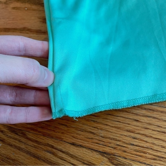 VANITY Aqua Seafoam Green Blue Swiss Dot Textured Mini Surplice Faux Wrap Dress - Picture 13 of 16